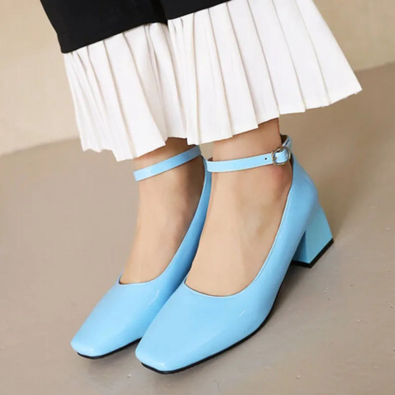 New Women's Red Black Mary Janes Shoes High Quality Leather Low Heel Dress Shoes Square Toe Shallow Buckle Strap Women's Shoes