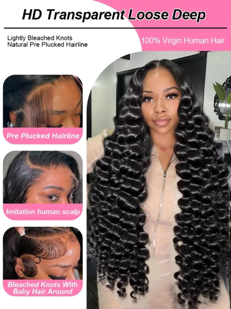 40 42 Inch HD Loose Deep Wave 13x6 Lace Front Human Hair Wigs Brazilian Curly Water Wavy 13x4 Lace Frontal Wigs For Women 250%