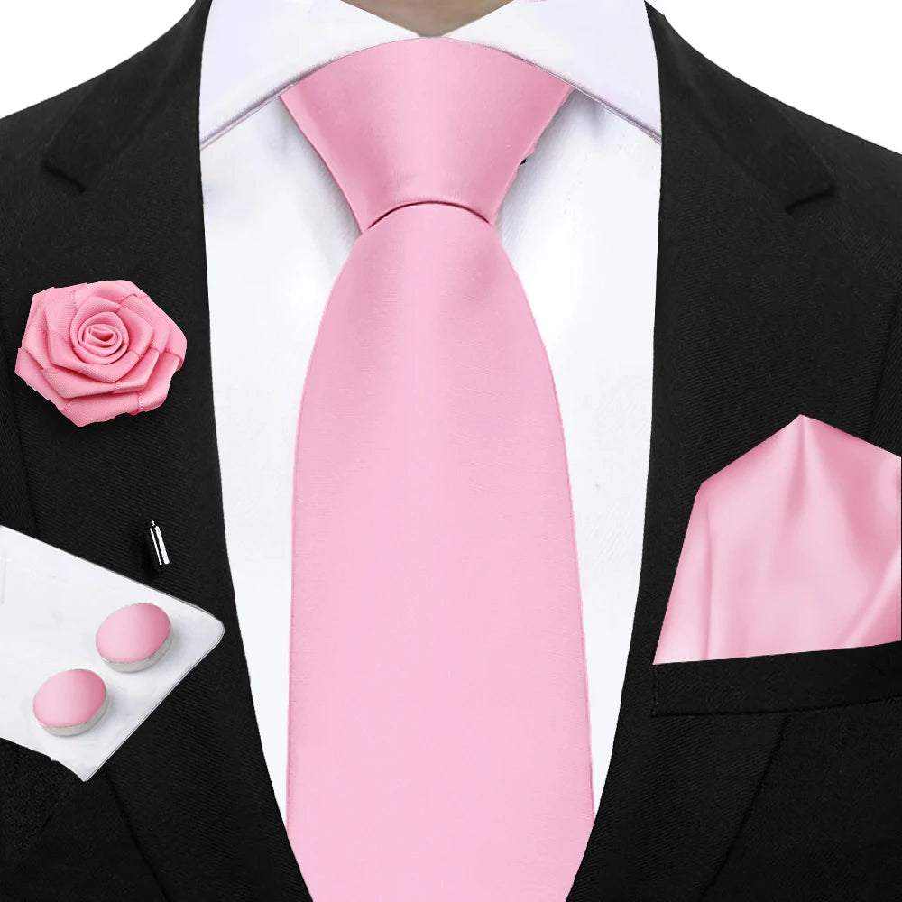 Mens Ties Solid NeckTie Pocket Square Brooch Set Men's Wedding Pink Blue Purple Tie Suit Accessories Fit Group Holiday Party