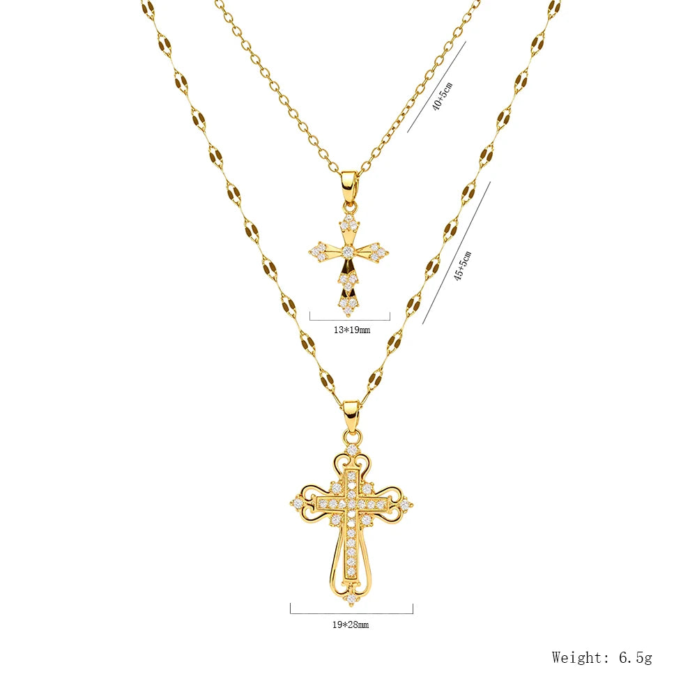 Women's Exquisite Luxury Cross Necklace High-End Zircon Pendant Stainless Steel Collarbone Chain Jewelry Gift