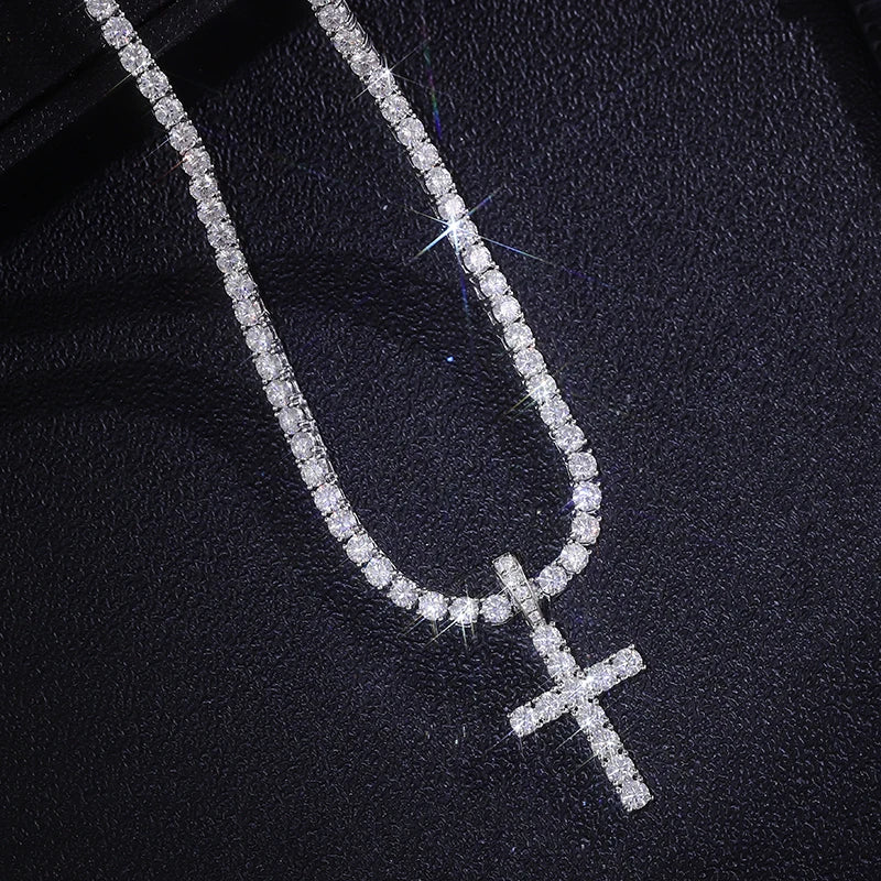 Provence Moissanite Cross Neclace for Women S925 Link Chain 4mm D Color VVS1 Tennis Necklace for Ladies Silver Cross Pendant
