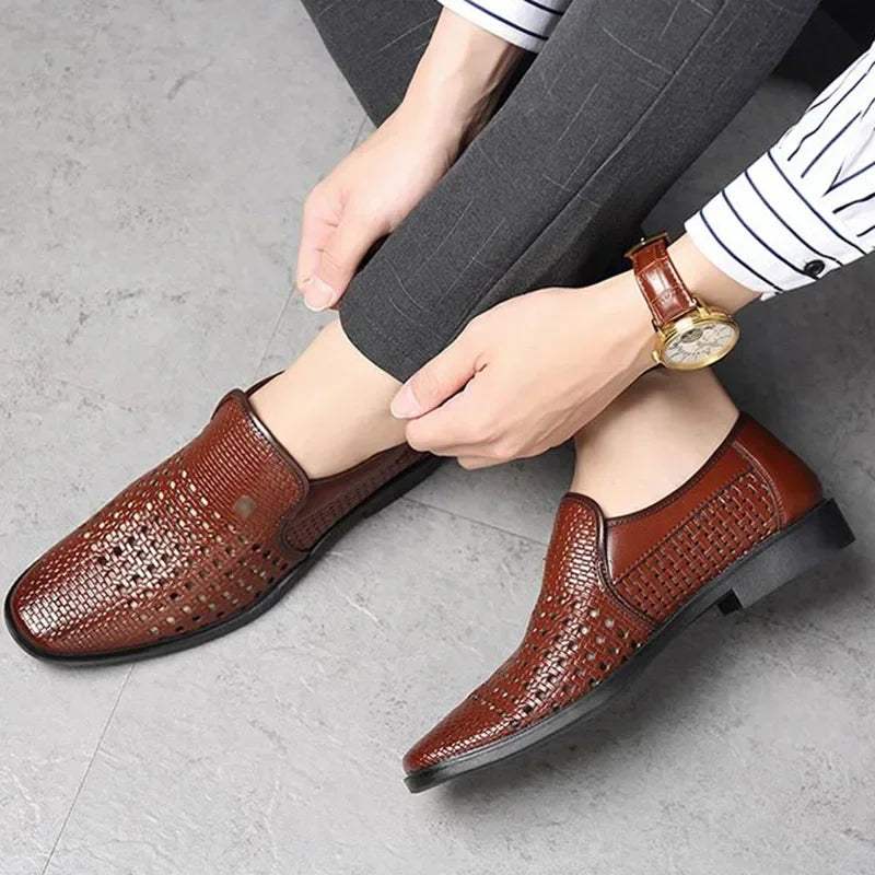 Men's Synthetic Leather Shoes  Soft Sole Breathable Low Heeled Business Casual Shoes Hollow Out Dress Sandals Middle Aged