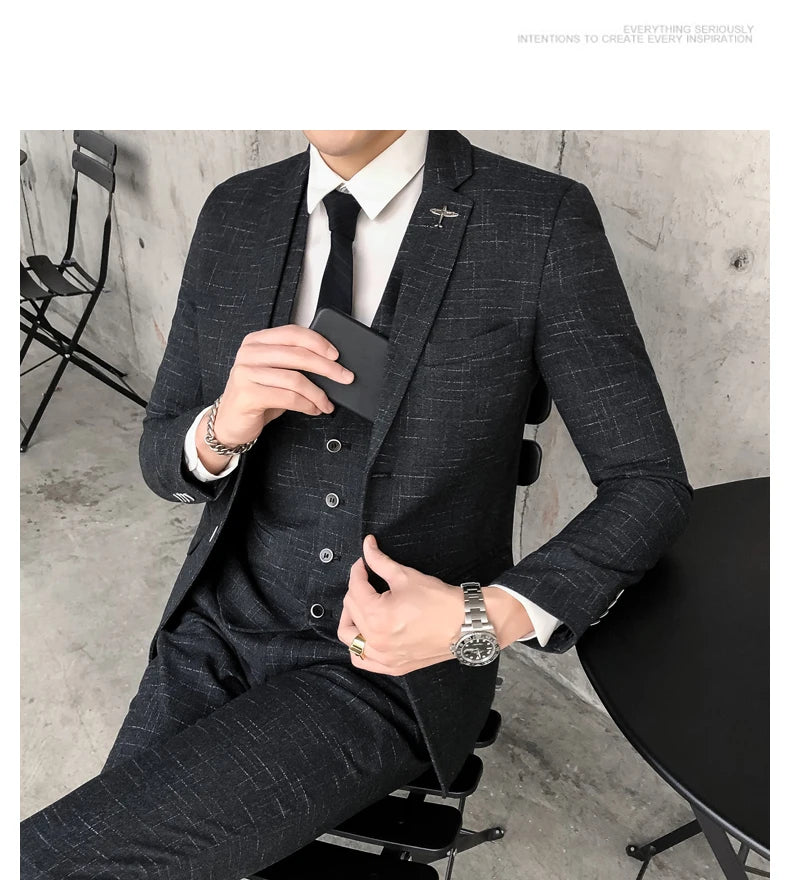 Men's Business Fitted Two-Button Suit Set Fashionable Versatile Trendy Three-Piece Ensemble for Groom Best Man Banquet Dress
