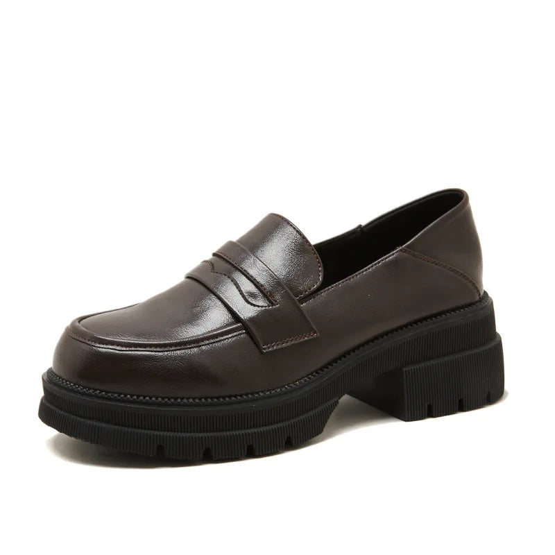 Leather shoes for women 2025 new style spring and autumn thick soled loafers British style retro single shoes for women