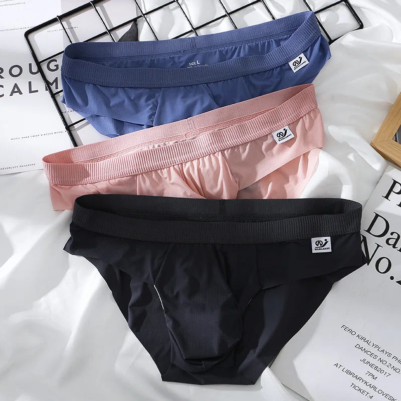 3Pieces/lot Breathable Low Waist Men's Ice Silk Briefs Seamless Shorts Sexy Underwear