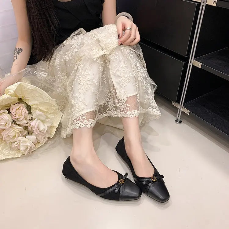 Women's Dance Shoes, Lightweight Breathable Square Toe Bow Flats, PU Leather Office Dress Shoes for Banquet, Date & Party