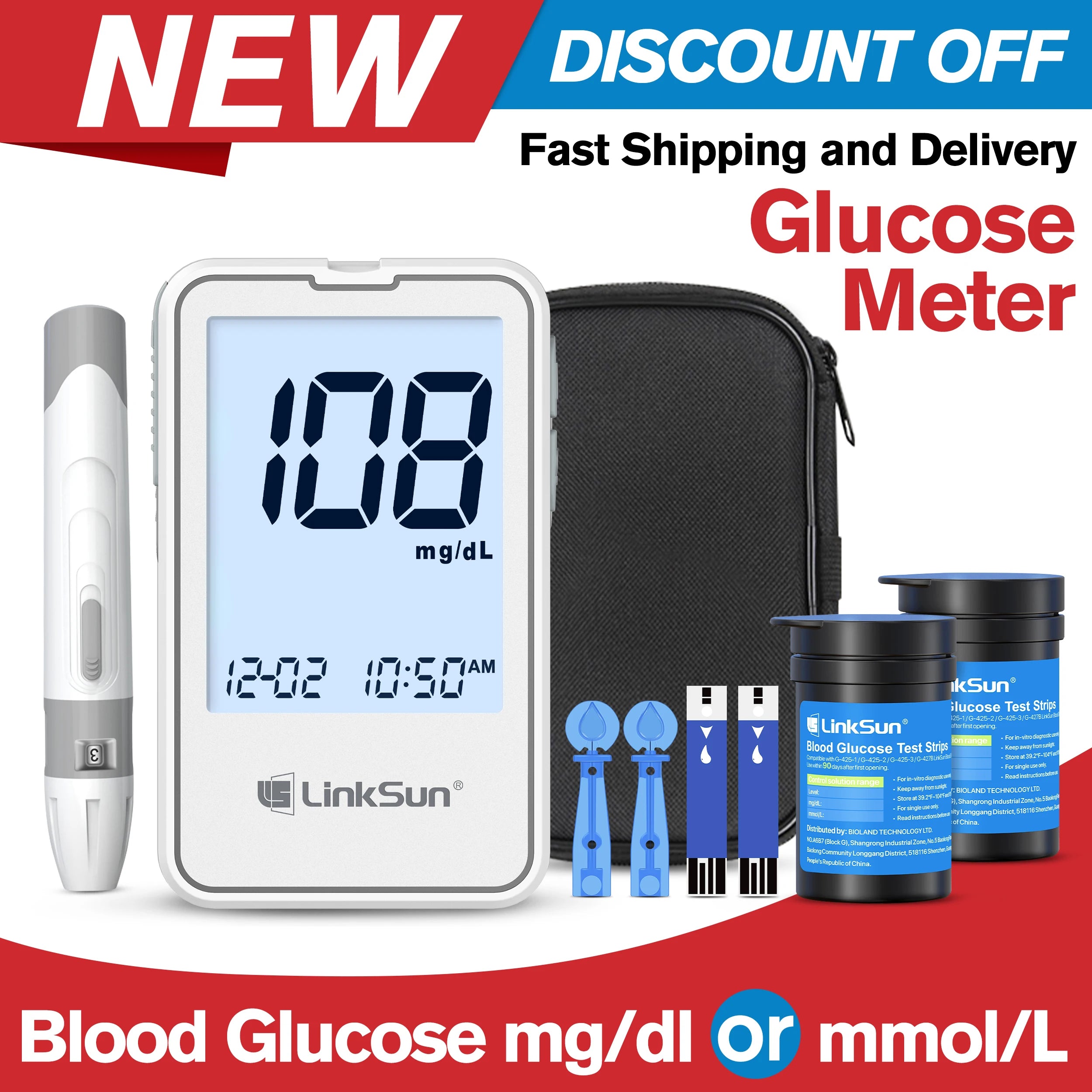 G-425-2 Linksun Blood Glucose Meter 50/100pcs Test Strips Medical Diabetes Testing Device Blood Sugar Digital Glucometer Monitor