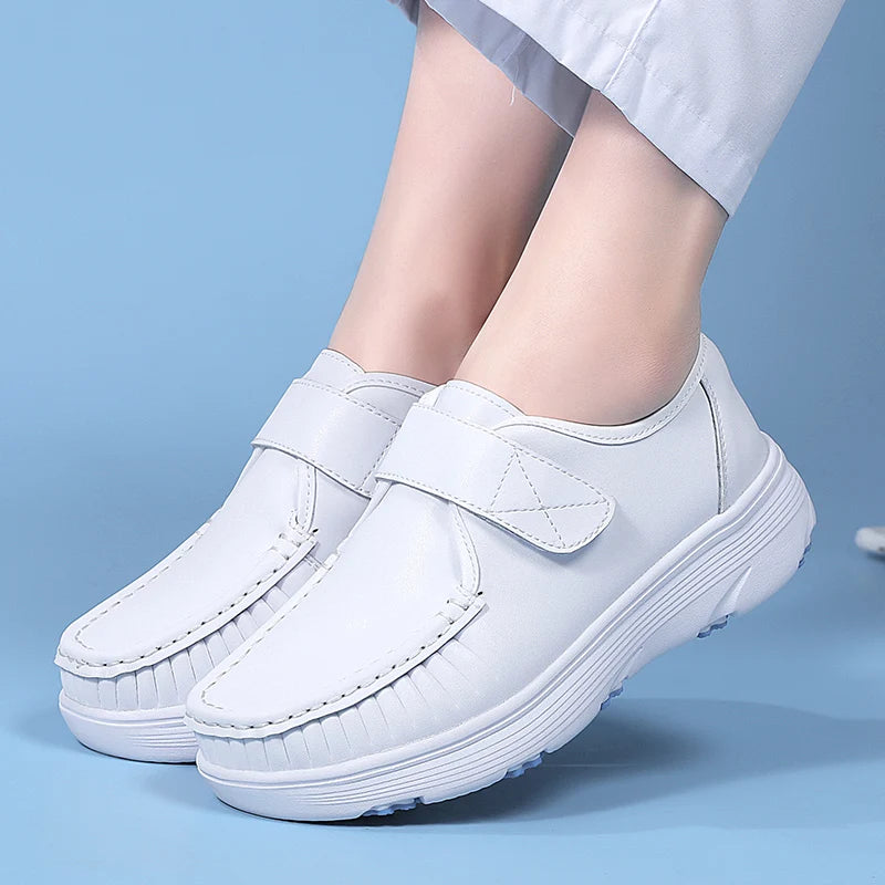 Women's Genuine Leather Nurse Shoes Soft Bottom Comfortable Breathable Anti-Slip Magic Tape Work Shoes Black White Spring Autumn