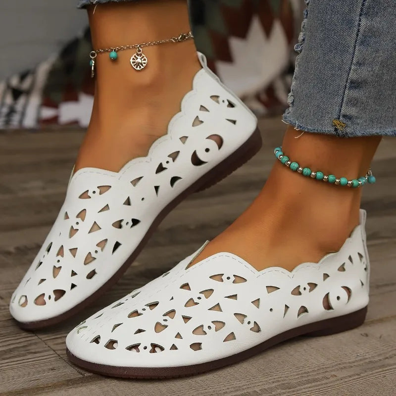 2025 Women Flat Shoes Genuine Leather Woman Pointed Toe Flats Summer Lady Hollow Out Loafers Women Shoes Sandals