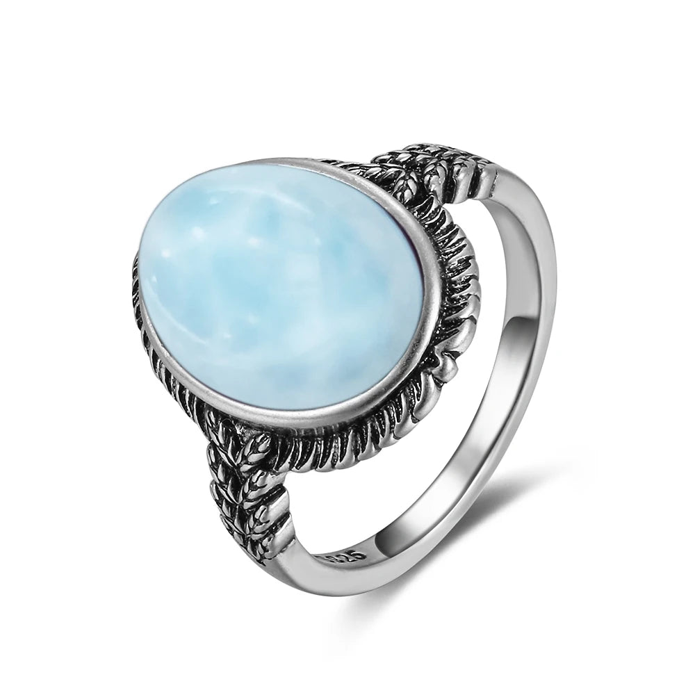 Vintage 925 Silver Ring Natural Larimar Stone Ring Round Flower Shape Sky Blue Summer Ring Fine Jewelry Gift for Men Women