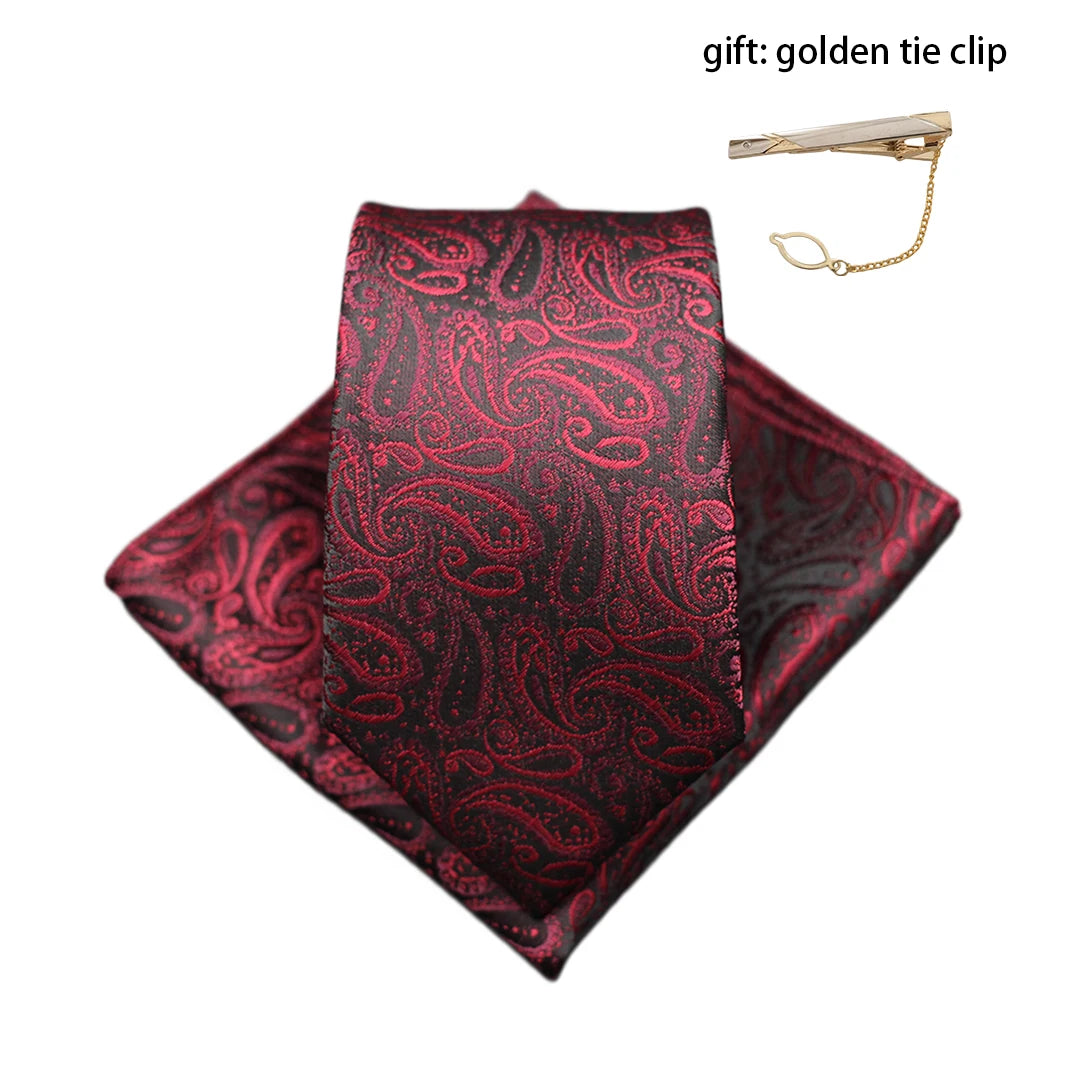 Mens Gift Tie Set Exquisite Red Jacquard Wine Burgundy Paisley Wedding Tie For Men Fashion Design Quality Hanky Dropshipping