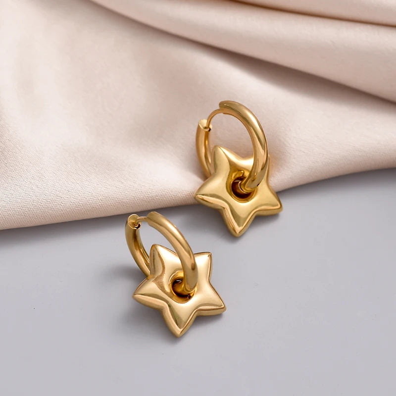 Stainless Steel Round Star Moon Heart Pendant Hoop Earrings for Women Fashion Classic Y2K Jewelry Gold Silver Color Earring
