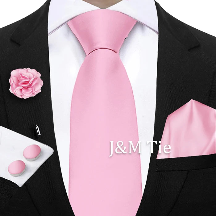 Mens Ties Solid NeckTie Pocket Square Brooch Set Men's Wedding Pink Blue Purple Tie Suit Accessories Fit Group Holiday Party