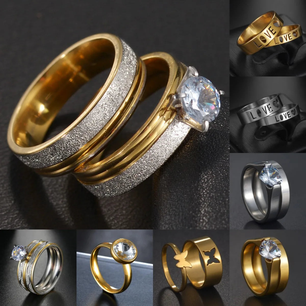 Couple Rings - Women Exquisite Rhinestones Zirconia Rings Set Simple Stainless Steel Men Ring Fashion Jewelry For Lover Gifts
