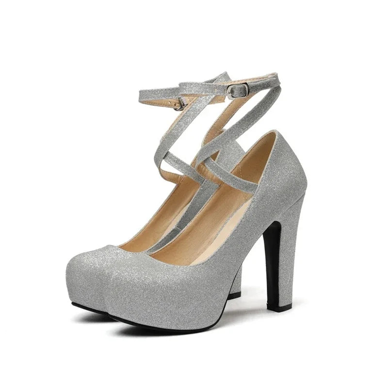 Women Shoes Sexy Fashion Round Toe High Heels  Ankle Strap Dress Dance Party Wedding Bride Platform Shoes Big Size 49 50 33-43
