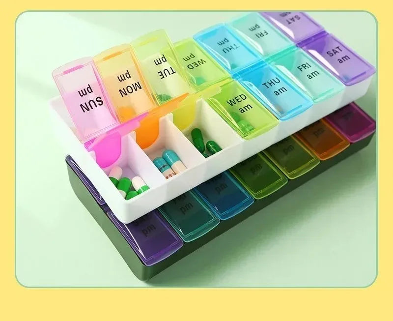 7 Day Pill Organizer 14 Compartments 3 Times Daily Portable Travel Medicine Box for Vitamins Fish Oil Supplements
