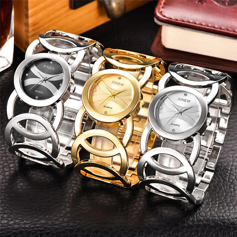 Women Big Brand Original XINEW 6438 Watches Ladies Casual Golden Luxury Quartz Bracelets Watch Relogios Feminino Fashions 2024