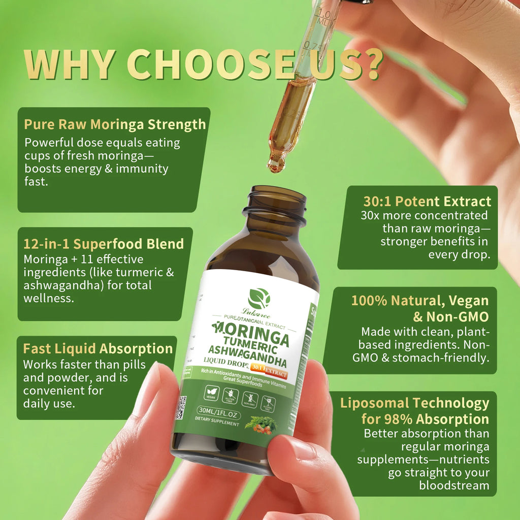 12-in-1 Organic Moringa Drops with Ashwagandha Turmeric Quercetin for Energy Immune Joint Digestive Metabolism, Vegan Non-GMO