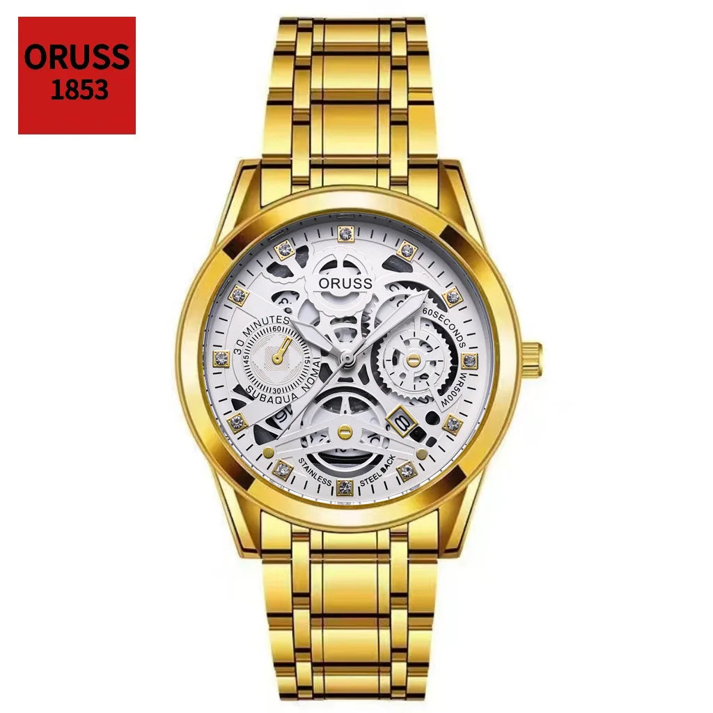 High-end personalized watches; fashionable stainless steel straps; durable and waterproof; hollow gear style; cool and trendy.