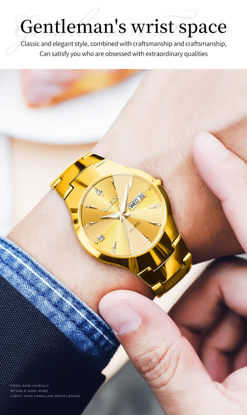 OLEVS Fashion Mens Watches Top Brand Luxury Tungsten Steel Gold Quartz Watch for Man Waterproof Luminous Date Week Wristwatch