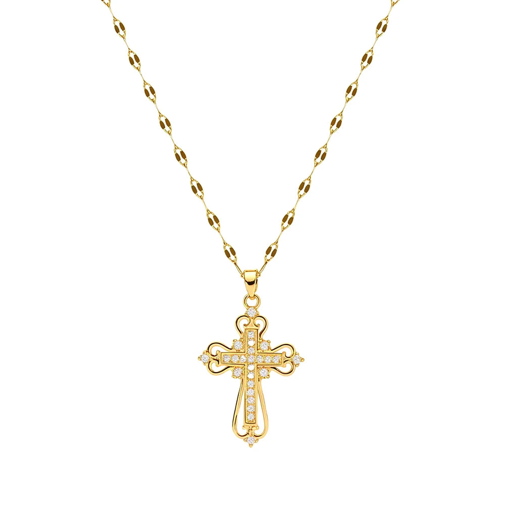 Women's Exquisite Luxury Cross Necklace High-End Zircon Pendant Stainless Steel Collarbone Chain Jewelry Gift