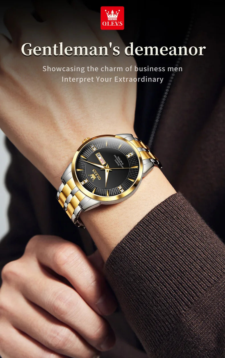 OLEVS Men Watches Luxury Business Fine Steel Original Brand Quartz Wristwatch for Man Waterproof Luminous Date Week Casual Dress