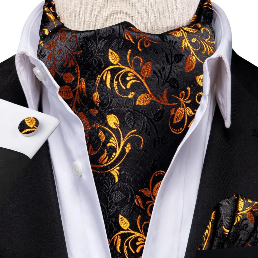 Hi-Tie Mens Ascot Black Pink Blue Red Gold Green Purple White Cravat Tie Hanky Cufflinks for Male Wedding Business Prom