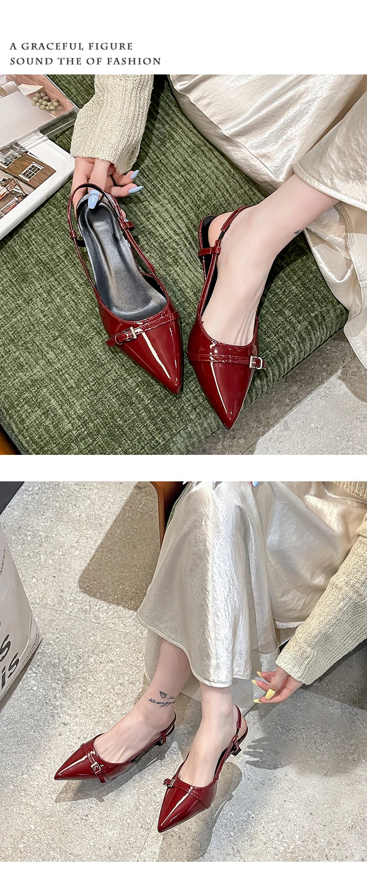 2026 New Summer Women's Dress Shoes Patent Leather Slip on Pointed Toe Sandals Buckle Slingbacks Mid Heels Pumps Sandalias Mujer