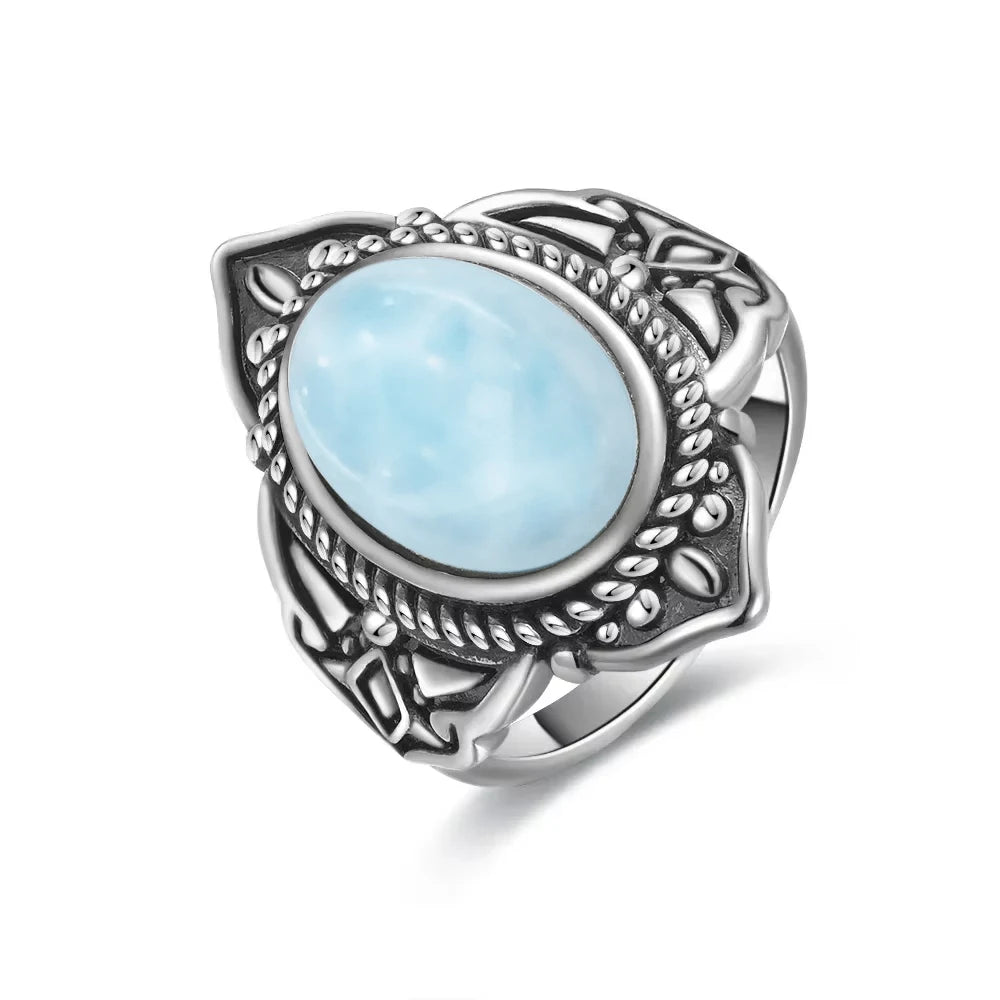 Vintage 925 Silver Ring Natural Larimar Stone Ring Round Flower Shape Sky Blue Summer Ring Fine Jewelry Gift for Men Women