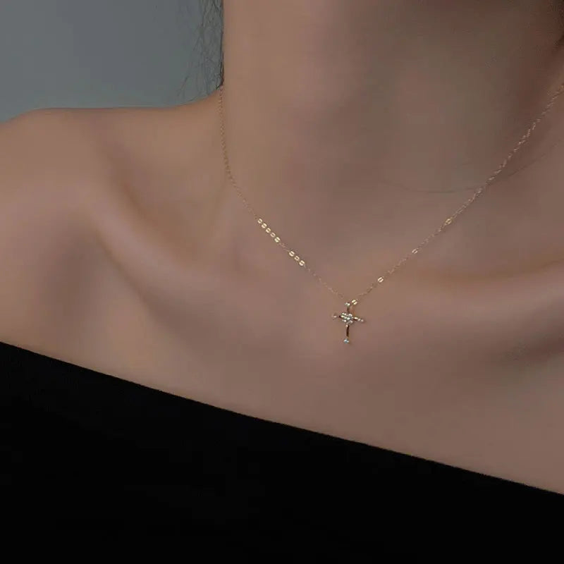 Luxury Exquisite Inlaid Full Zircon 925 Sterling Silver Cross Necklace for Women Girls Collarbone Chain Jewelry Accessories Gift