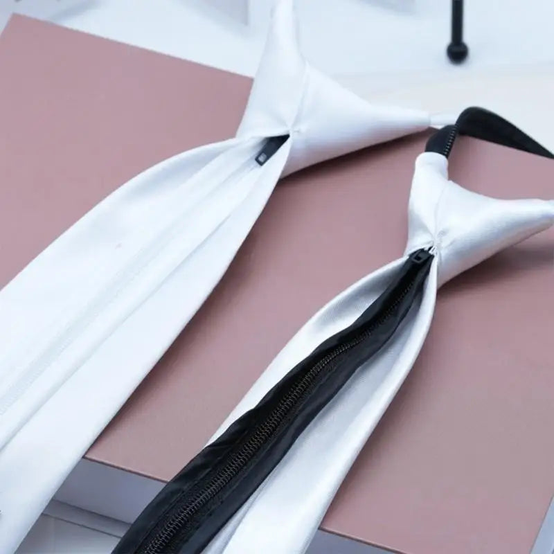 Fashionable Zippered Neck Tie in Classical Color for Wedding Parties and Everyday Wear White Silk Pre Tied Necktie