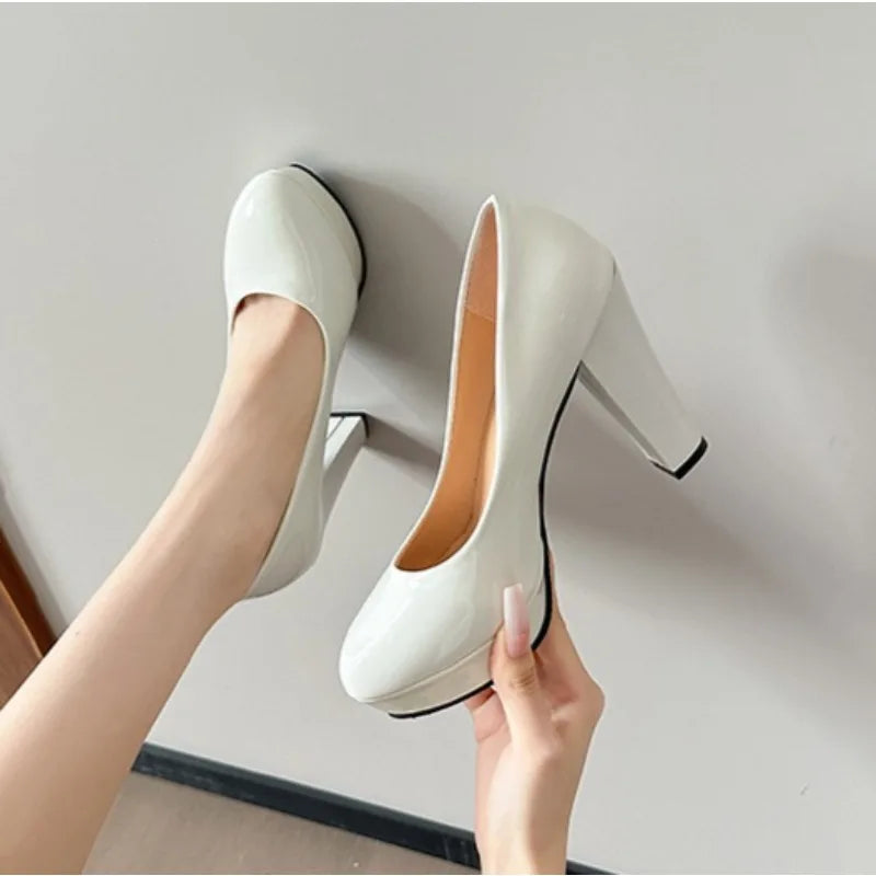 New High Heels Shoes Women White Wedding Shoes Thick High Heels Fashion Party Pumps Footwear Black Red Big Size 34-42