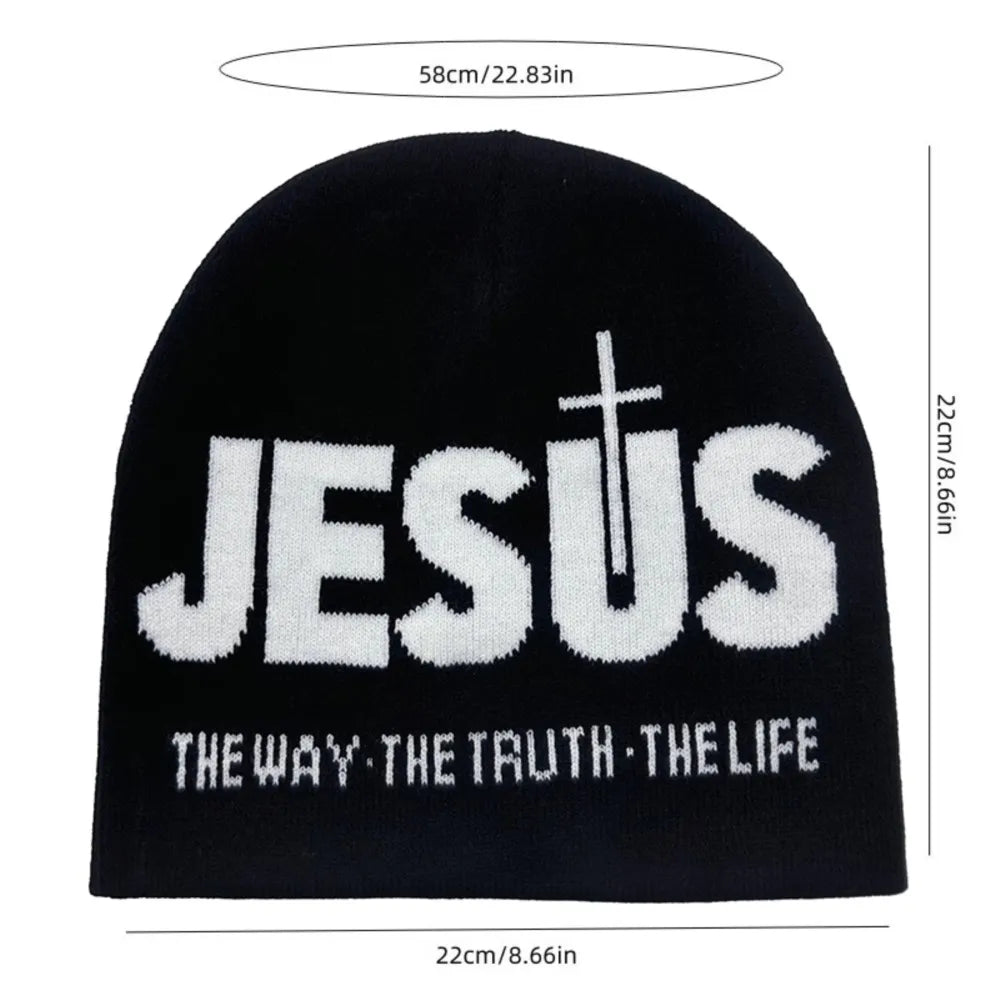 Y2k Women Jacquard Alphabet JESUS Knit Beanies Hat Men Letter Winter Fashion Kpop Goth Warm Hip Hop Thermal Unisex Pullover Hat