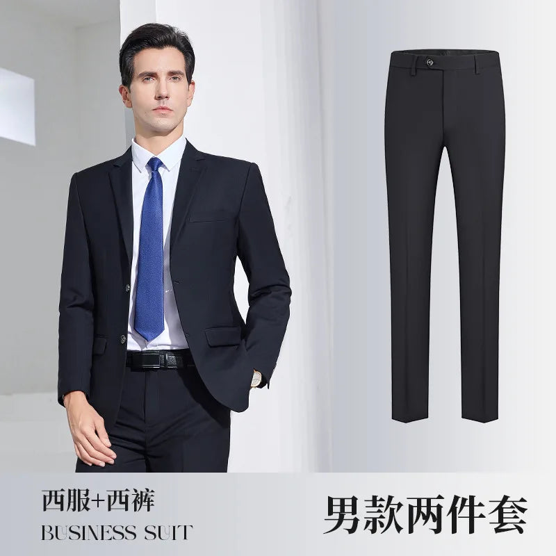 Men's Formal Business Suit Set Black Grey Blue Blazer Pants 2 Piece Work Wear For Office Sales Property 4S Store Staff