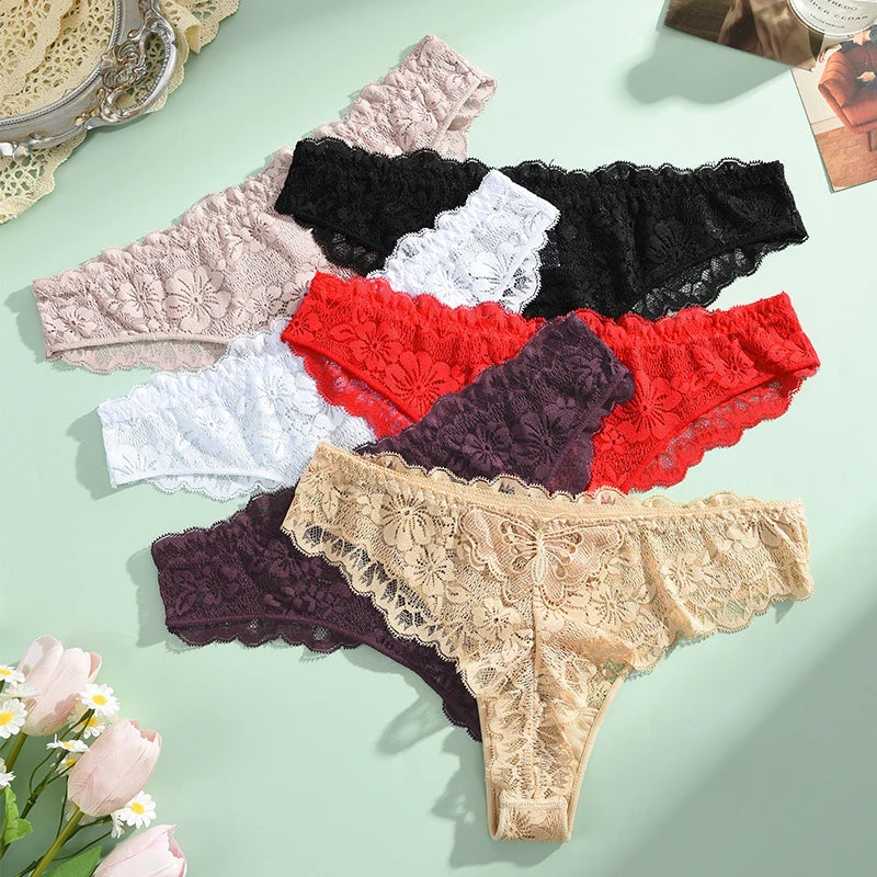 FINETOO 6Pcs/Set Perspective Lace Panties Hollow Out Low-waist Underwear Thongs Female Underpants Breathable Lingerie Intimates