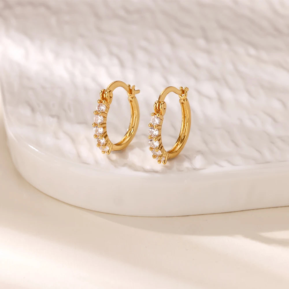 Cubic Zirconia Hoop Earrings For Women Luxury Crystal Zircon Gold Color Stainless Steel Earring Jewelry Wedding Party Gift