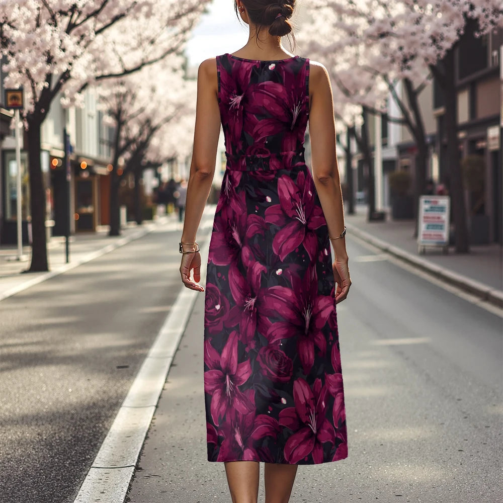 Elegant Floral Dress for Women Breathable A-Line Sleeveless Dress Chic Blue & White with Pink Blooms Office To Vacation Dress