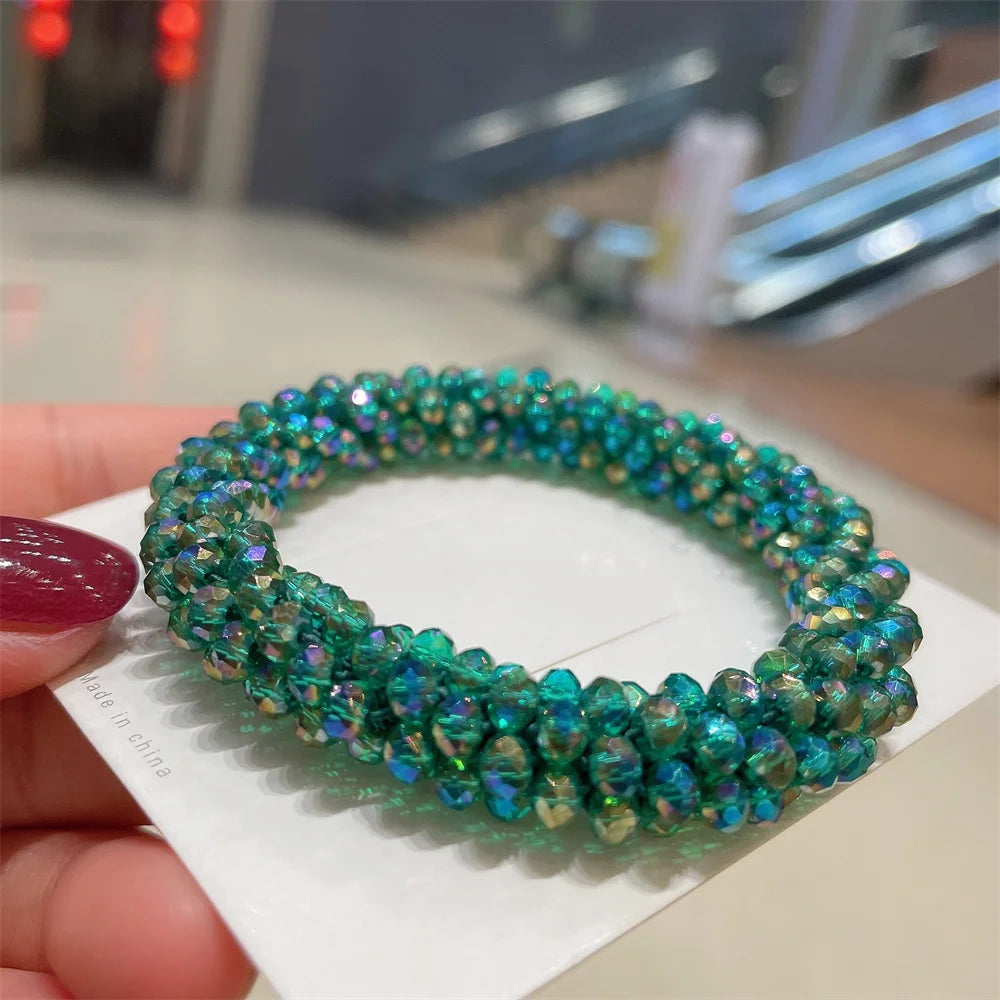 Crystal Beads Hair Ties for Women Vintage Ponytail Scrunchies Elastic Hair Bands Glass Beaded Rubber Hair Rope Accessories
