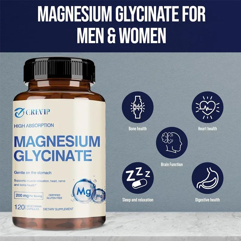 Magnesium Glycinate 200mg - Helps with Stress, Muscle, Sleep, Joints, Bones, Immune and Cardiovascular Health