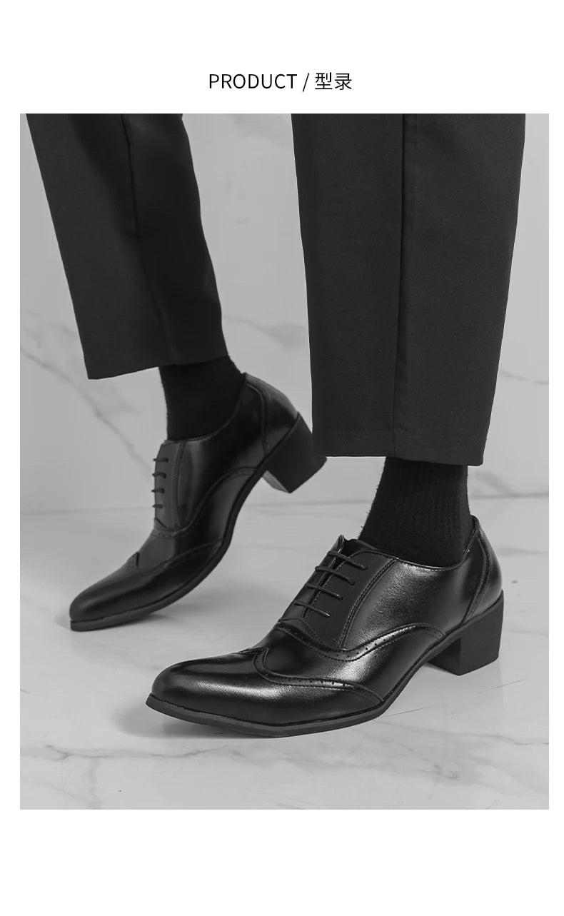 Men's High Heel Business Leather Shoes Mens Pointed Toe Dress Office Flats Men Fashion Wedding Party Oxfords Plus Size 38-46