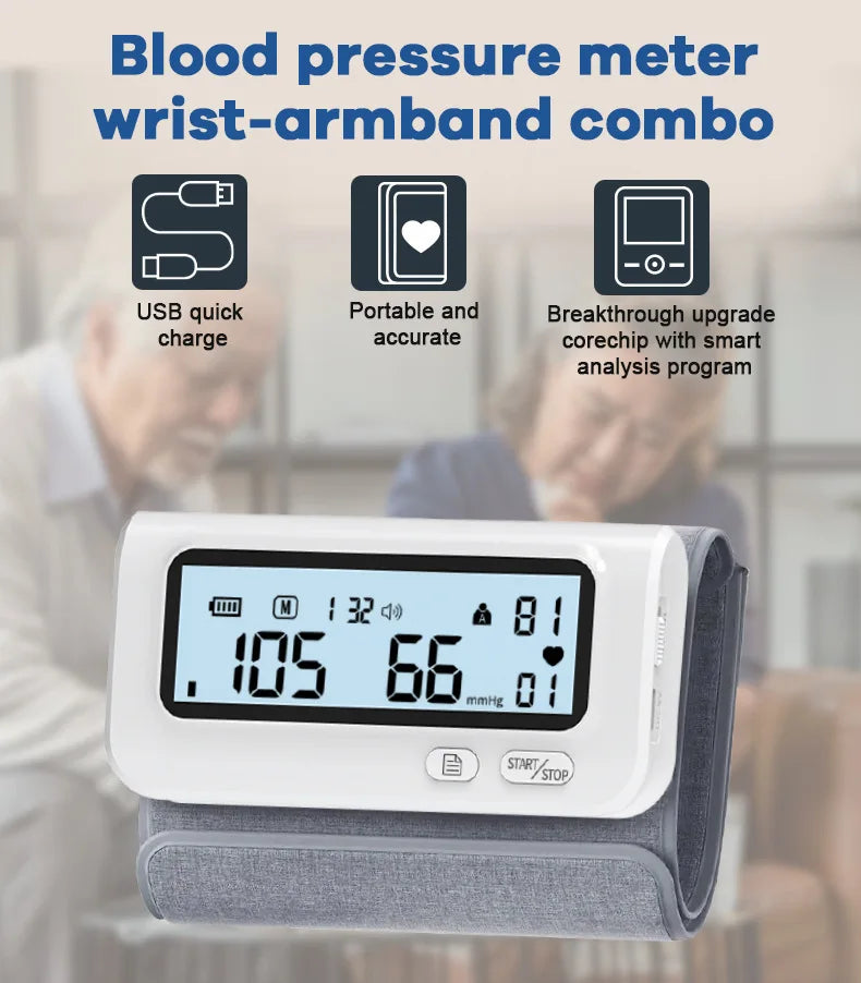 Blood Pressure Monitor, Attached Universal Upper Arm Cuff, Digital LCD Display, Charger Cable and Carrying Case Included