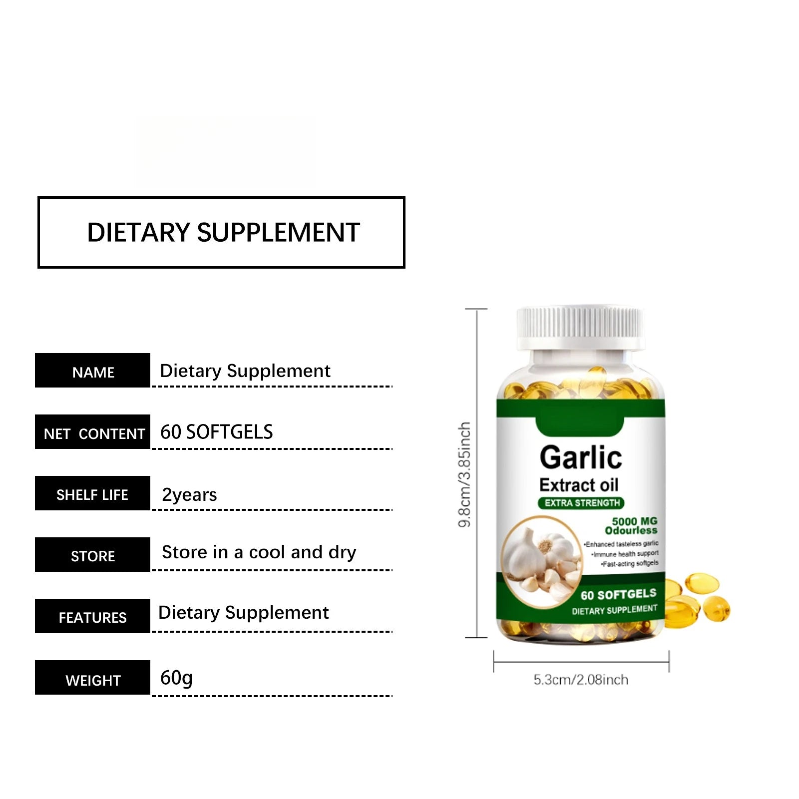 Odourless Garlic Extract Softgels 5000mg – Immune Boost & Heart Health Support – Fast-Acting Formula, 60 Tasteless Softgels