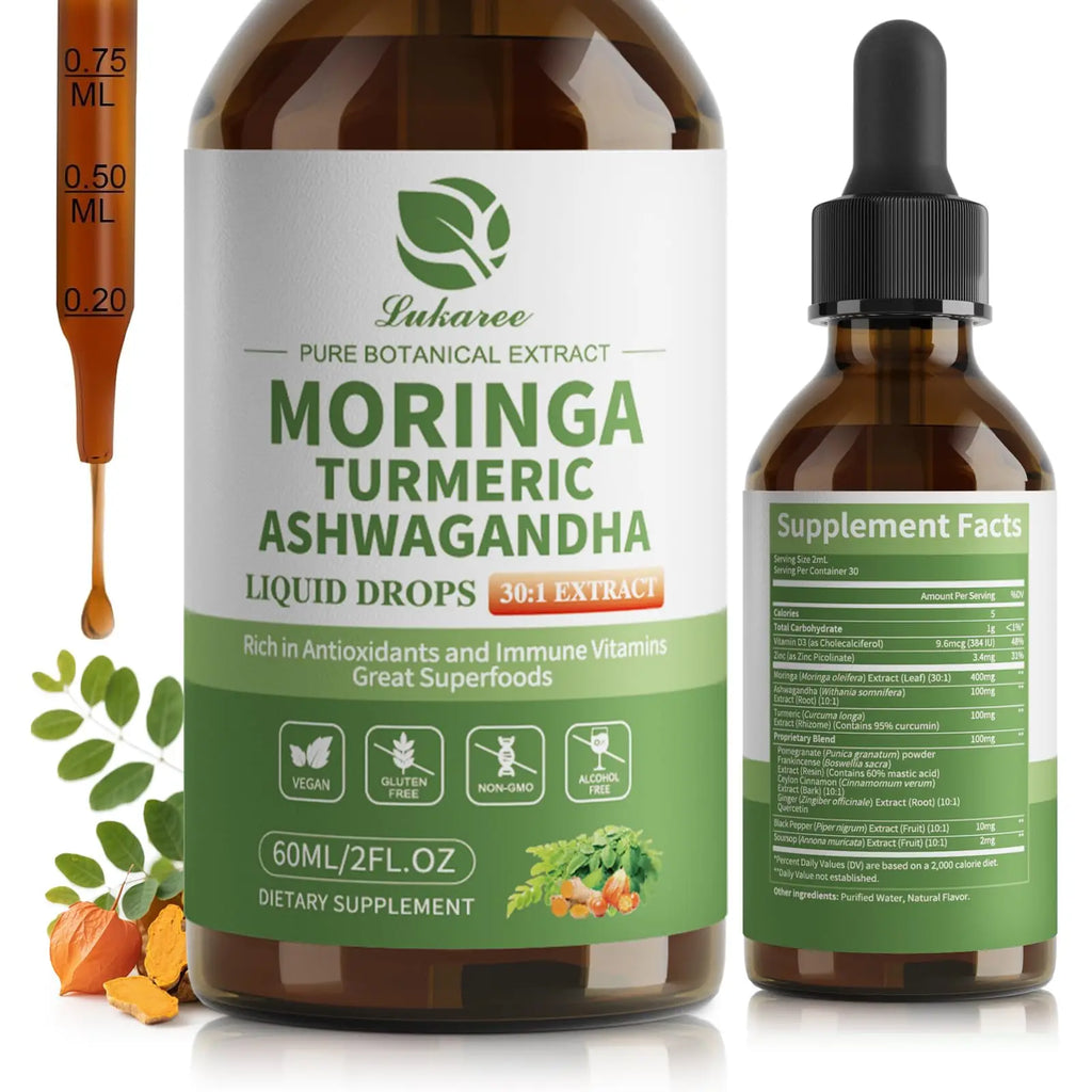 12-in-1 Organic Moringa Drops with Ashwagandha Turmeric Quercetin for Energy Immune Joint Digestive Metabolism, Vegan Non-GMO