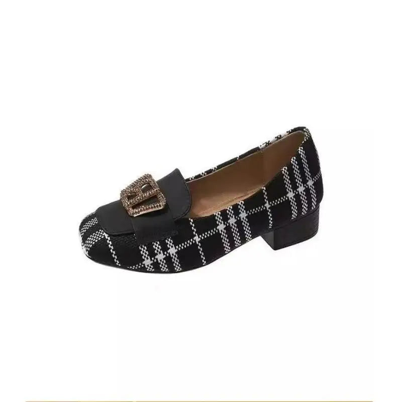 Women's slip-on shoes with square toe, plaid color-blocking, metal buckle, stylish low chunky heels, versatile style.