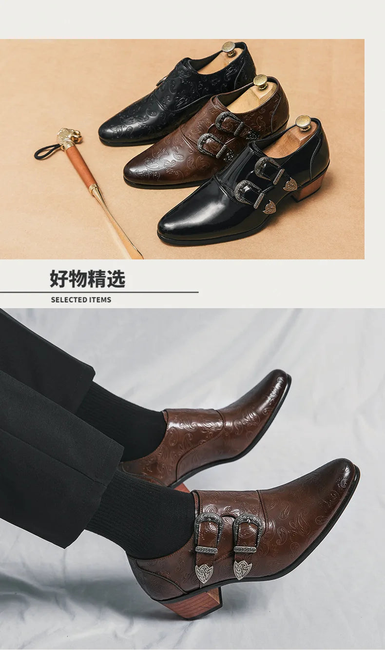 Men's Wedding Shoes Fashion Slim Fit Pointed High Heel Pullover Shoes Breathable Leather Shoes Classic Vintage Men's Dress Shoe