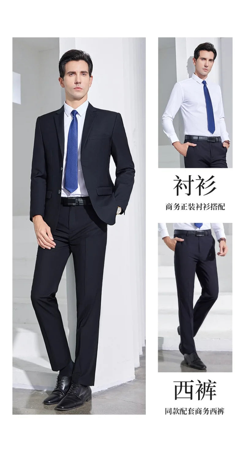 Men's Formal Business Suit Set Black Grey Blue Blazer Pants 2 Piece Work Wear For Office Sales Property 4S Store Staff