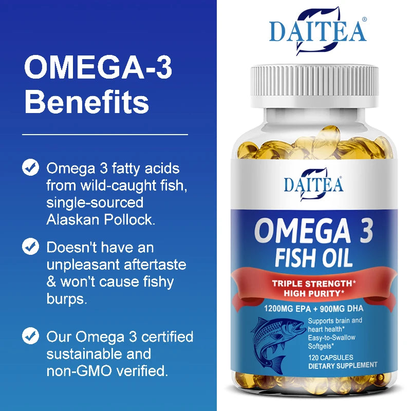 Daitea Triple Strength Omega 3 Fish Oil - Fish Oil Supplement with EPA & DHA Fatty Acids Premium Wild Caught, 30/60/120 Capsules