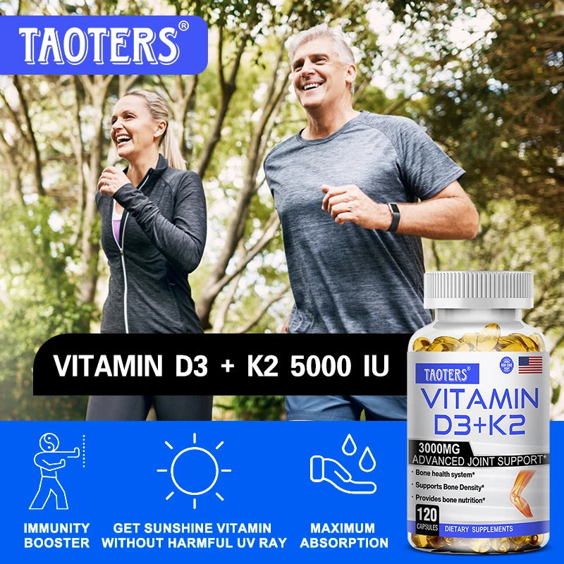 Vitamin D3+K2 Capsules - Helps Regulate Calcium Metabolism and Supports Teeth, Bones, Heart Health, Joint Health, and Immunity