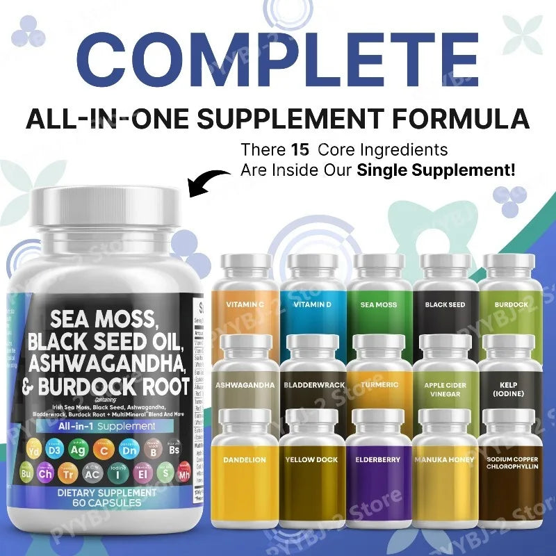 Sea Moss Capsules Contain Black Seed Turmeric & Vitamin D Plant-Based Daily Mineral  All in One Supplement 60 Count Per Bottle