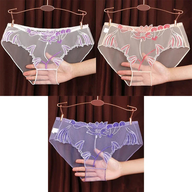 3PCS Solid Full Mesh Sexy Briefs Embroidered Floral Transparent Panties Plus Size Seamless Underwear Low Waist Erotic Lingerie